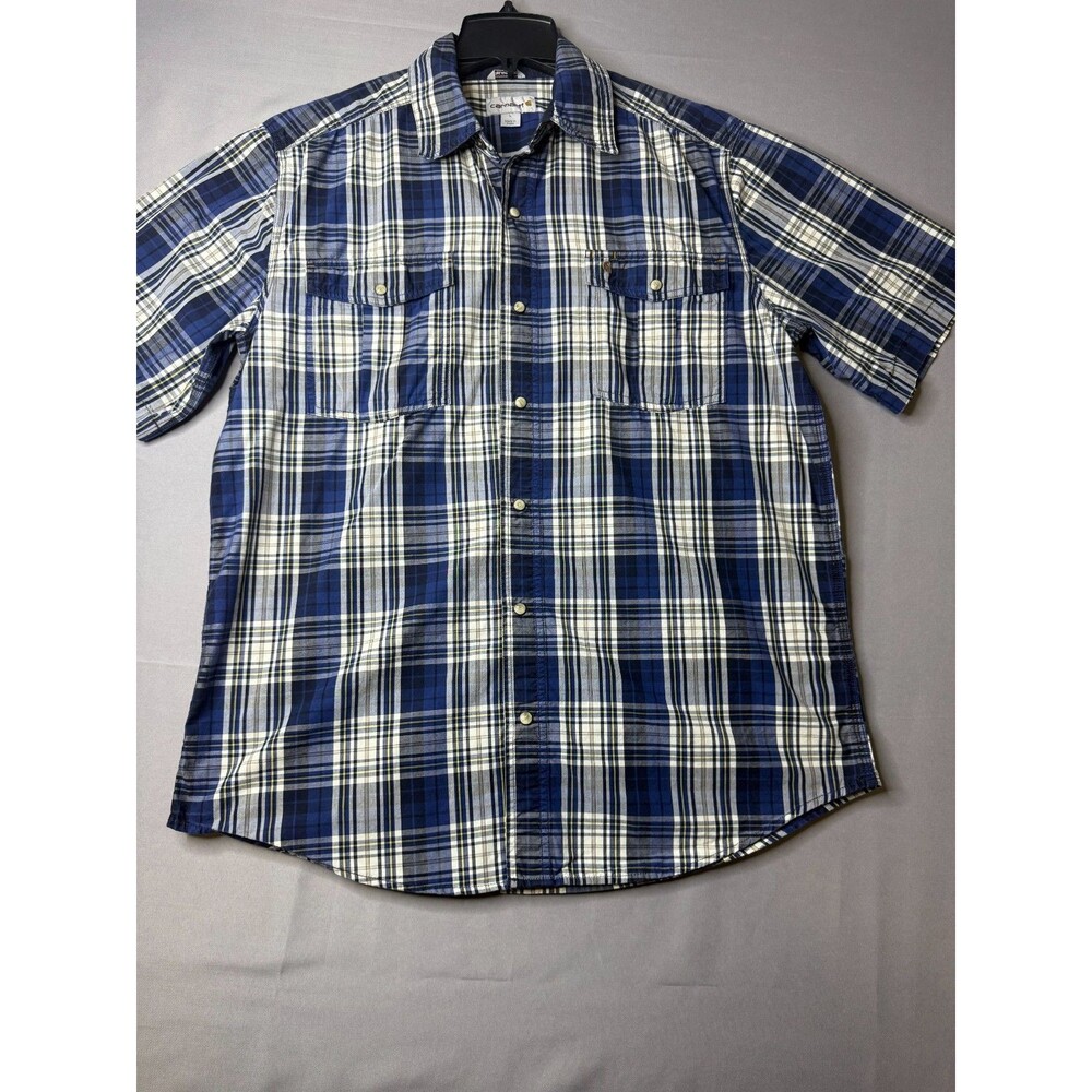 Carhartt Mens Relaxed Fit Short Sleeve Rugged Plaid Button Down Shirt Blue Large